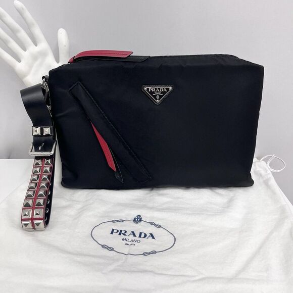Prada Nylon Clutch Bag Wristlet‎ Purse Black Red Black White Handle Silver Studs - Picture 1 of 14